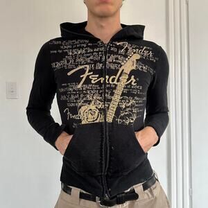 Vintage Y2K 00s Rockstar Grunge Fender Guitar Zip Up Hoodie Sweatshirt